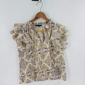Olivaceous Floral Ruffle Sleeve Blouse Cream Purple Yellow Boho Top Size Small